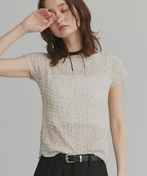 ad thie(アドティエ)の「フレンチスリーブ ポップコーン シアー トップス(Tシャツ/カットソー・レディース・オフホワイト/ブラック・FREE)」の12枚目の写真