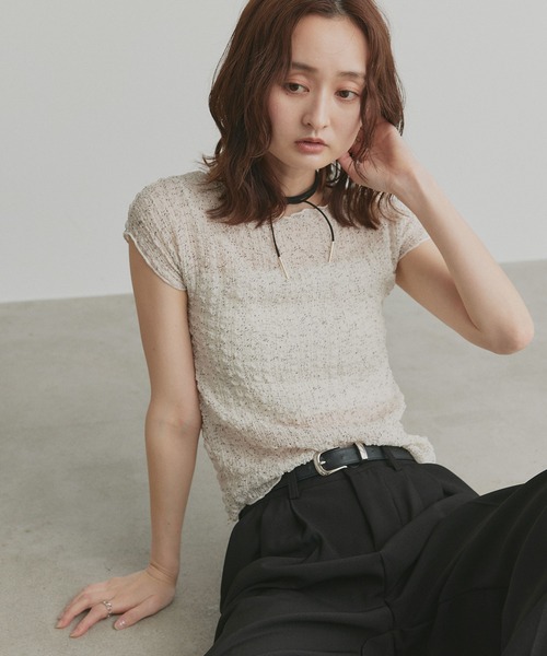 ad thie(アドティエ)の「フレンチスリーブ ポップコーン シアー トップス(Tシャツ/カットソー・レディース・オフホワイト/ブラック・FREE)」の13枚目の写真