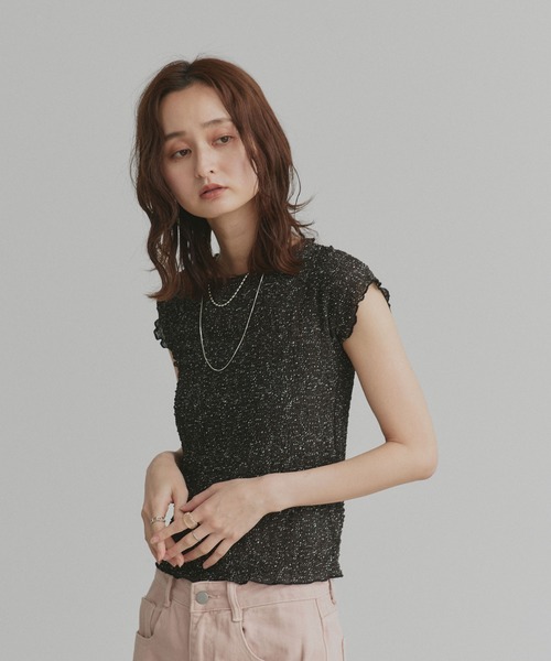 ad thie(アドティエ)の「フレンチスリーブ ポップコーン シアー トップス(Tシャツ/カットソー・レディース・オフホワイト/ブラック・FREE)」の17枚目の写真