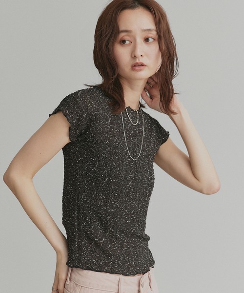 ad thie(アドティエ)の「フレンチスリーブ ポップコーン シアー トップス(Tシャツ/カットソー・レディース・オフホワイト/ブラック・FREE)」の19枚目の写真