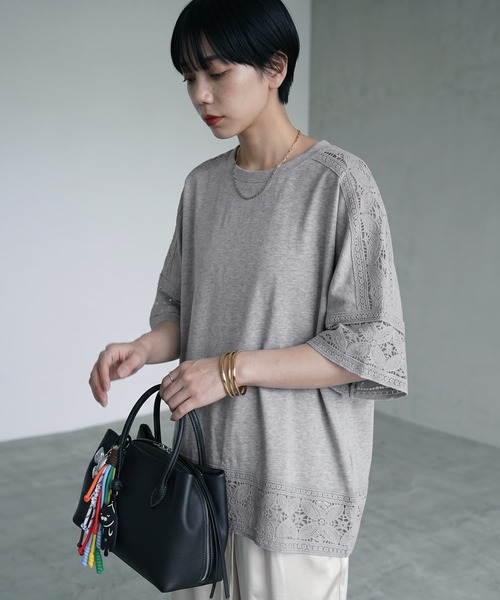STYLE DELI(スタイルデリ)の「【BLK001】レースパッチワークデザインTシャツ(Tシャツ/カットソー・レディース・ホワイト/ブラック/グレー・FREE)」の3枚目の写真