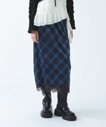 ベロア プリント レース ヘム スカート〈26AW 洗える ウエストゴム チェック柄〉