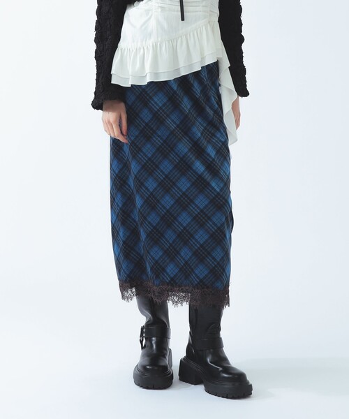 Ray BEAMS(レイビームス)の「ベロア プリント レース ヘム スカート〈26AW 洗える ウエストゴム チェック柄〉(スカート・レディース・ダークブラウン/ブルー系その他3・1/0)」の2枚目の写真
