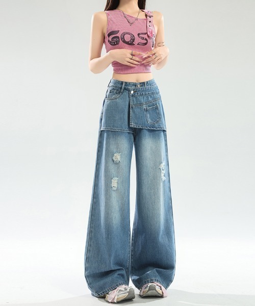 LUCPY(ラクピー)の「レイヤードデザインワイドデニムパンツ(デニムパンツ・レディース・ブルー・LARGE/MEDIUM/SMALL/X-SMALL)」の2枚目の写真