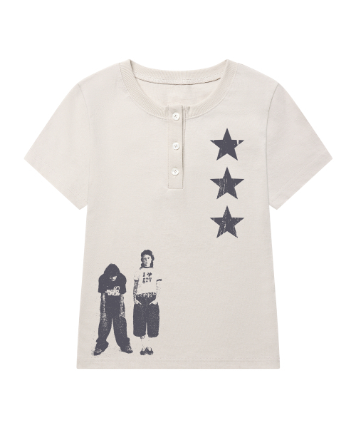 GRAVER（グレーバー）の「[ユニセックス]STAR3 ヘンリーネック半袖Tシャツ 2カラー（Tシャツ/カットソー・レディース・Beige/チャコールグレー・MEDIUM/LARGE）」の5枚目の写真