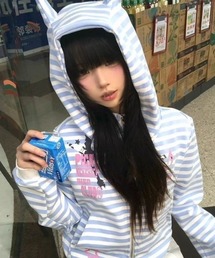 SHEPP（シープ）の「ネコ耳フード ボーダー柄 ジップパーカー（パーカー）」