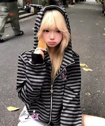 SHEPP（シープ）の「ネコ耳フード ボーダー柄 ジップパーカー（パーカー）」