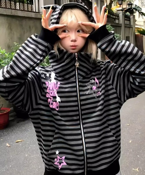 SHEPP(シープ)の「ネコ耳フード ボーダー柄 ジップパーカー(パーカー・レディース・ブルー/ブラック・M/L)」の6枚目の写真