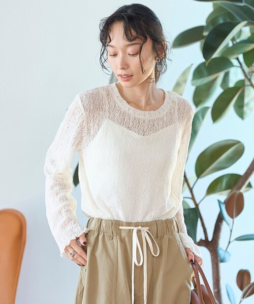 coen(コーエン)の「メローデザイン クルーネックレースブラウス(Tシャツ/カットソー・レディース・ライム/オフホワイト/ブラック/ダークブラウン・M/L)」の8枚目の写真