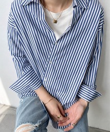 アシンメトリーストライプシャツ オーバーサイズ長袖トップス