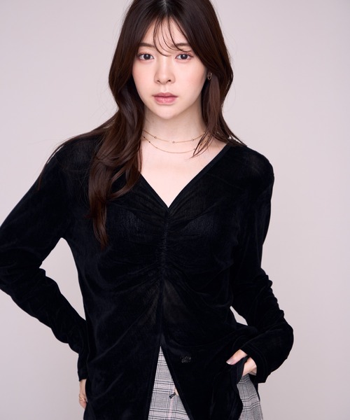 MISCH MASCH（ミッシュマッシュ）の「2026秋冬新作 フロントギャザーベロアトップス（Tシャツ/カットソー・レディース・グレー/ブラック・ﾌﾘ-）」の6枚目の写真