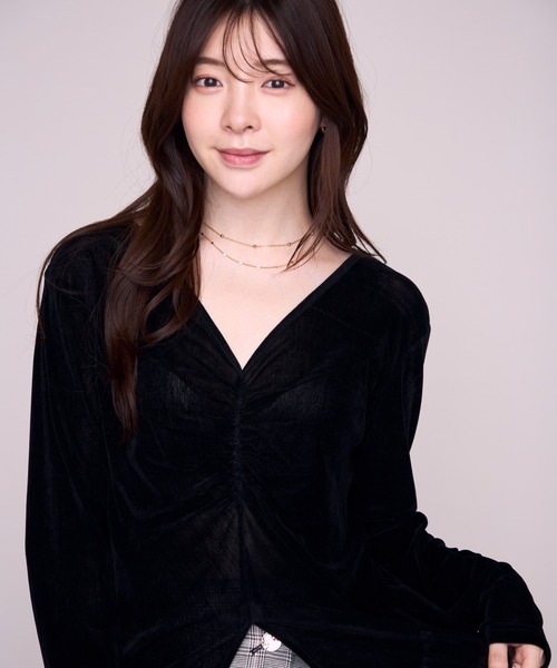 MISCH MASCH（ミッシュマッシュ）の「2026秋冬新作 フロントギャザーベロアトップス（Tシャツ/カットソー・レディース・グレー/ブラック・ﾌﾘ-）」の7枚目の写真