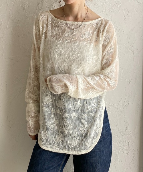 She's Closet(シーズクローゼット)の「オーバーサイズ 長袖 花柄シアーレーストップス ロングTシャツ(Tシャツ/カットソー・レディース・アイボリー/ブラック・FREE)」の1枚目の写真