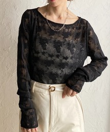 オーバーサイズ 長袖 花柄シアーレーストップス ロングTシャツ
