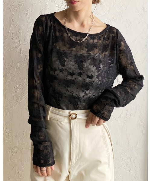 She's Closet(シーズクローゼット)の「オーバーサイズ 長袖 花柄シアーレーストップス ロングTシャツ(Tシャツ/カットソー・レディース・アイボリー/ブラック・FREE)」の13枚目の写真