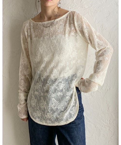 She's Closet(シーズクローゼット)の「オーバーサイズ 長袖 花柄シアーレーストップス ロングTシャツ(Tシャツ/カットソー・レディース・アイボリー/ブラック・FREE)」の10枚目の写真