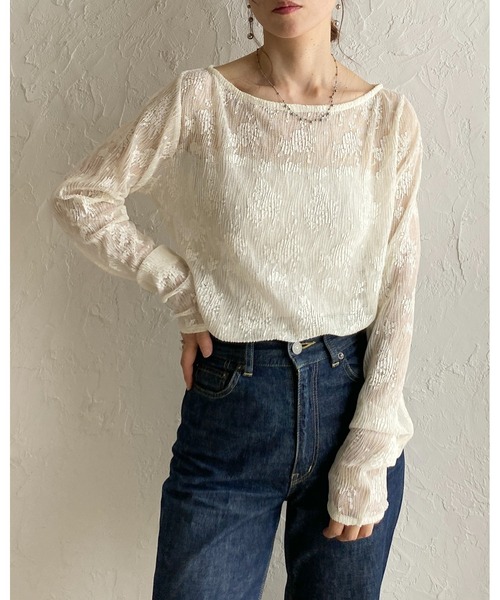 She's Closet(シーズクローゼット)の「オーバーサイズ 長袖 花柄シアーレーストップス ロングTシャツ(Tシャツ/カットソー・レディース・アイボリー/ブラック・FREE)」の5枚目の写真