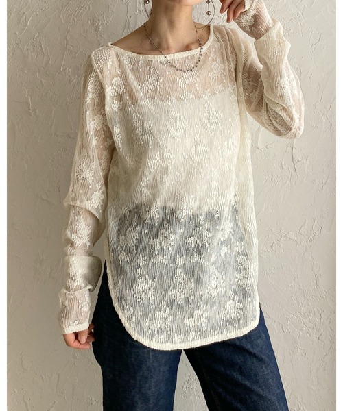 She's Closet(シーズクローゼット)の「オーバーサイズ 長袖 花柄シアーレーストップス ロングTシャツ(Tシャツ/カットソー・レディース・アイボリー/ブラック・FREE)」の20枚目の写真