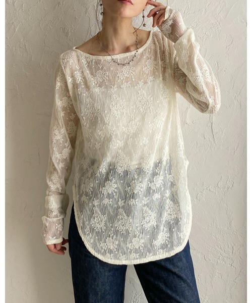 She's Closet(シーズクローゼット)の「オーバーサイズ 長袖 花柄シアーレーストップス ロングTシャツ(Tシャツ/カットソー・レディース・アイボリー/ブラック・FREE)」の22枚目の写真