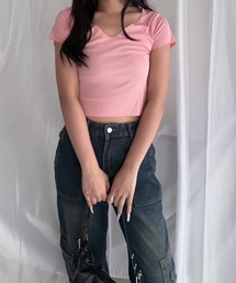 merrylatte | Uネック 半袖 リブカットソー ショート丈 ストレッチ トップス(Tシャツ/カットソー)