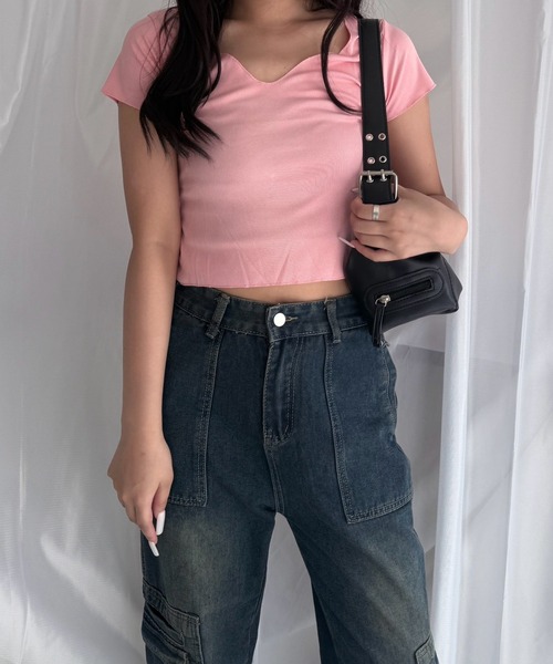 merrylatte(メリーラテ)の「Uネック 半袖 リブカットソー ショート丈 ストレッチ トップス(Tシャツ/カットソー・レディース・ピンク・FREE)」の2枚目の写真