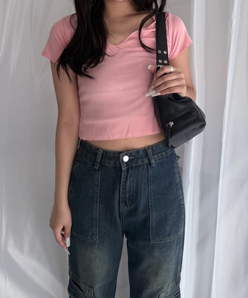 merrylatte(メリーラテ)の「Uネック 半袖 リブカットソー ショート丈 ストレッチ トップス(Tシャツ/カットソー・レディース・ピンク・FREE)」の3枚目の写真