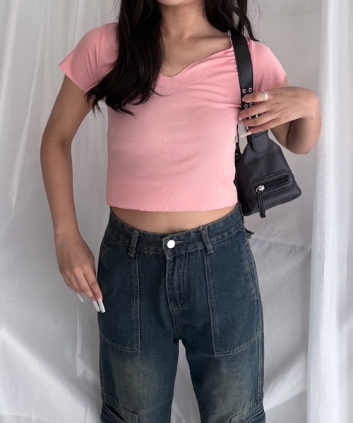 merrylatte(メリーラテ)の「Uネック 半袖 リブカットソー ショート丈 ストレッチ トップス(Tシャツ/カットソー・レディース・ピンク・FREE)」の4枚目の写真