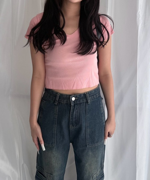 merrylatte(メリーラテ)の「Uネック 半袖 リブカットソー ショート丈 ストレッチ トップス(Tシャツ/カットソー・レディース・ピンク・FREE)」の5枚目の写真