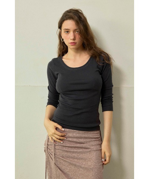 ALEXIA STAM（アリシアスタン）の「Boat Neck 3/4 Sleeve Top / 7分袖ボートネックTシャツ（Tシャツ/カットソー・レディース・ブラウン/チャコールグレー/グレー・M/S）」の5枚目の写真