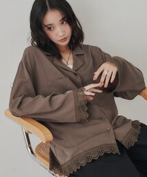 レース使い開襟長袖シャツ