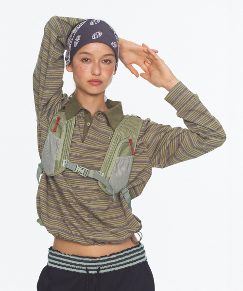MENASOO(ミナス)の「Vintage Stripe Rugby T Shirt_Khaki(ポロシャツ・レディース・カーキ・1/2)」の2枚目の写真