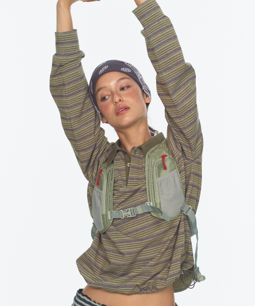 MENASOO(ミナス)の「Vintage Stripe Rugby T Shirt_Khaki(ポロシャツ・レディース・カーキ・1/2)」の3枚目の写真