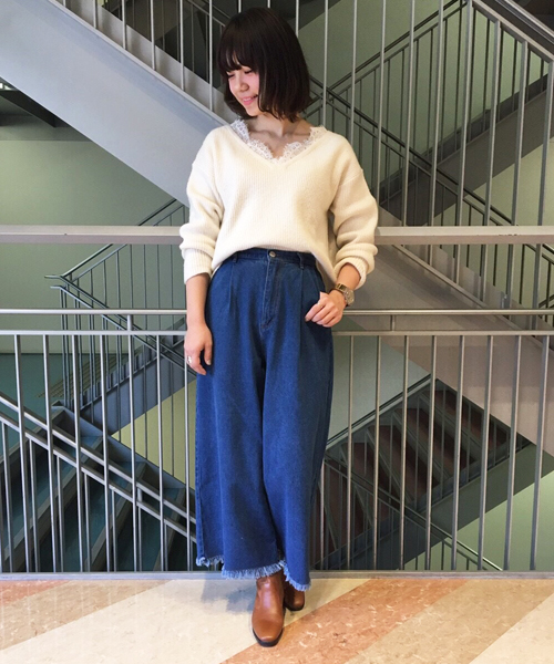 mysty woman（ミスティウーマン）の「10ozデニム裾フリンジワイドパンツ（デニムパンツ・レディース・インディゴブルー/ブルー・FREE）」の12枚目の写真