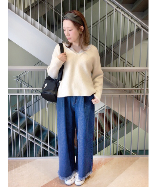 mysty woman（ミスティウーマン）の「10ozデニム裾フリンジワイドパンツ（デニムパンツ・レディース・インディゴブルー/ブルー・FREE）」の13枚目の写真