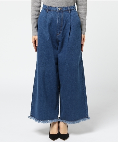 mysty woman（ミスティウーマン）の「10ozデニム裾フリンジワイドパンツ（デニムパンツ・レディース・インディゴブルー/ブルー・FREE）」の3枚目の写真