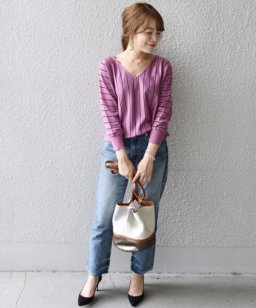 SHIPS（シップス）の「ウールシルクドルマン　ストライプ◇（Tシャツ/カットソー・レディース・オフホワイト/ベージュ/パープル・ONE SIZE）」の13枚目の写真