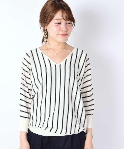 SHIPS（シップス）の「ウールシルクドルマン　ストライプ◇（Tシャツ/カットソー・レディース・オフホワイト/ベージュ/パープル・ONE SIZE）」の5枚目の写真