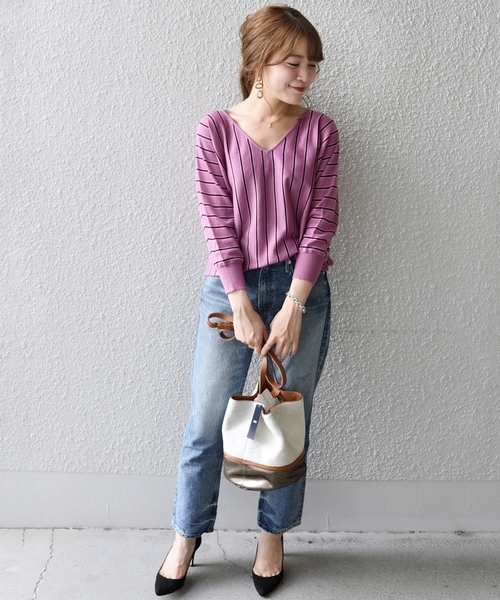 SHIPS（シップス）の「ウールシルクドルマン　ストライプ◇（Tシャツ/カットソー・レディース・オフホワイト/ベージュ/パープル・ONE SIZE）」の11枚目の写真