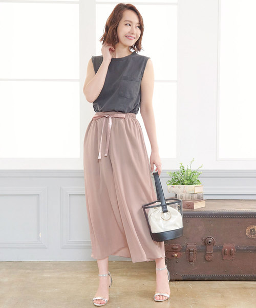 KOBE LETTUCE（コウベレタス）の「サテンリボン楊柳ワイドイージーパンツ＊レディース/ボトムス[M2212]神戸レタス（その他パンツ・レディース・ピンクベージュ/ベージュ/グリーン/ネイビー・FREE）」の10枚目の写真