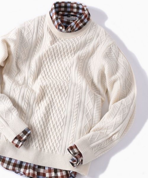 SHIPS（シップス）の「SC: 9ゲージ ランダム/アラン クルーネック ニット□（ニット/セーター・メンズ・ホワイト/グレー/ネイビー/グリーン/ブルー/バーガンディー・SMALL/MEDIUM/LARGE/X-LARGE）」の2枚目の写真