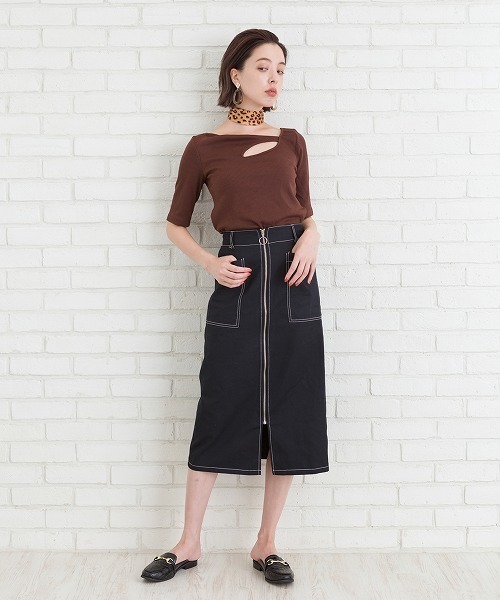 Libby&Rose（リビーアンドローズ）の「配色ステッチナロースカート（スカート・レディース・ブラック/ボルドー/ブルーグリーン・FREE）」の10枚目の写真