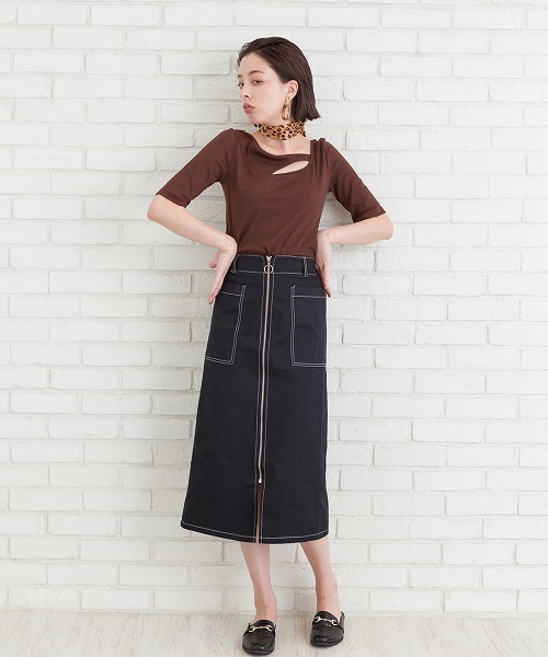 Libby&Rose（リビーアンドローズ）の「配色ステッチナロースカート（スカート・レディース・ブラック/ボルドー/ブルーグリーン・FREE）」の11枚目の写真