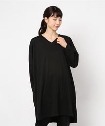 VネックスリットドルマンチュニックロングTシャツ