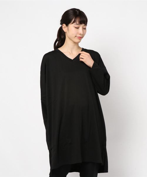 KOBE LETTUCE(コウベレタス)の「VネックスリットドルマンチュニックロングTシャツ(Tシャツ/カットソー・レディース・ブラック/モカ/ボルドー/グリーン/オレンジ/ブラウン/グレー・M/L)」の2枚目の写真
