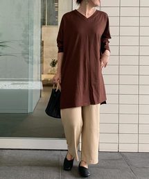 VネックスリットドルマンチュニックロングTシャツ
