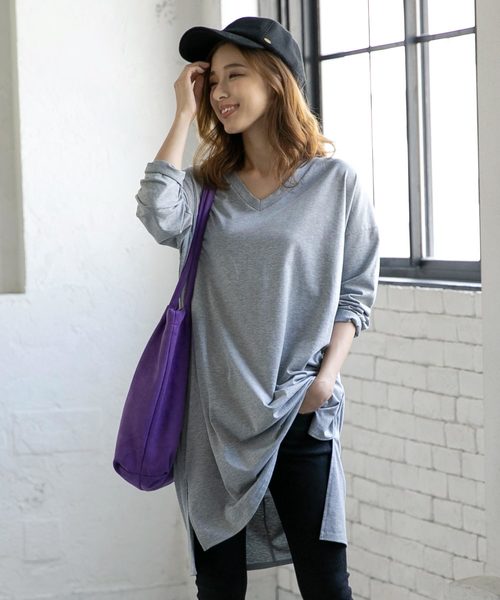 KOBE LETTUCE(コウベレタス)の「VネックスリットドルマンチュニックロングTシャツ(Tシャツ/カットソー・レディース・ブラック/モカ/ボルドー/グリーン/オレンジ/ブラウン/グレー・M/L)」の3枚目の写真