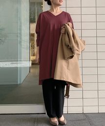 VネックスリットドルマンチュニックロングTシャツ