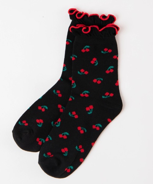 WEGO（ウィゴー）の「WEGO/チェリー総柄フリルソックス（ソックス/靴下・レディース・ブラック/ホワイト・FREE）」の2枚目の写真
