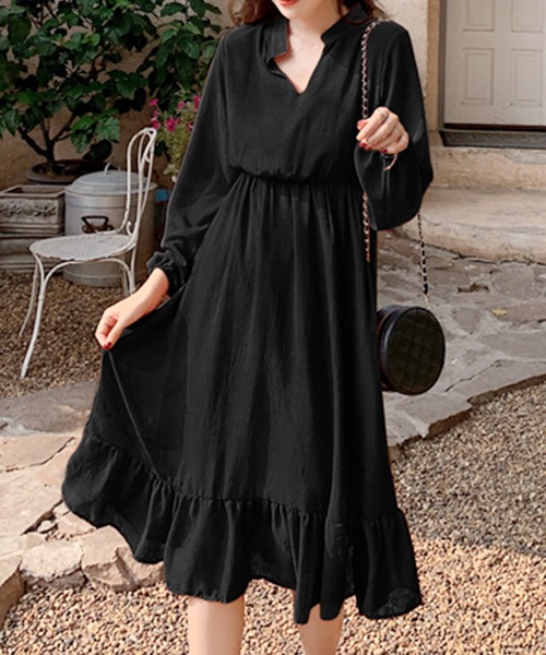 Grandeir(グランディール)の「シアースリーブ Vネック ミモレ丈 ワンピース(ワンピース・レディース・ブラック/ベージュ/オレンジ・M)」の1枚目の写真