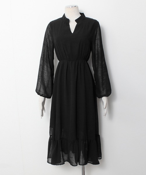 Grandeir(グランディール)の「シアースリーブ Vネック ミモレ丈 ワンピース(ワンピース・レディース・ブラック/ベージュ/オレンジ・M)」の4枚目の写真